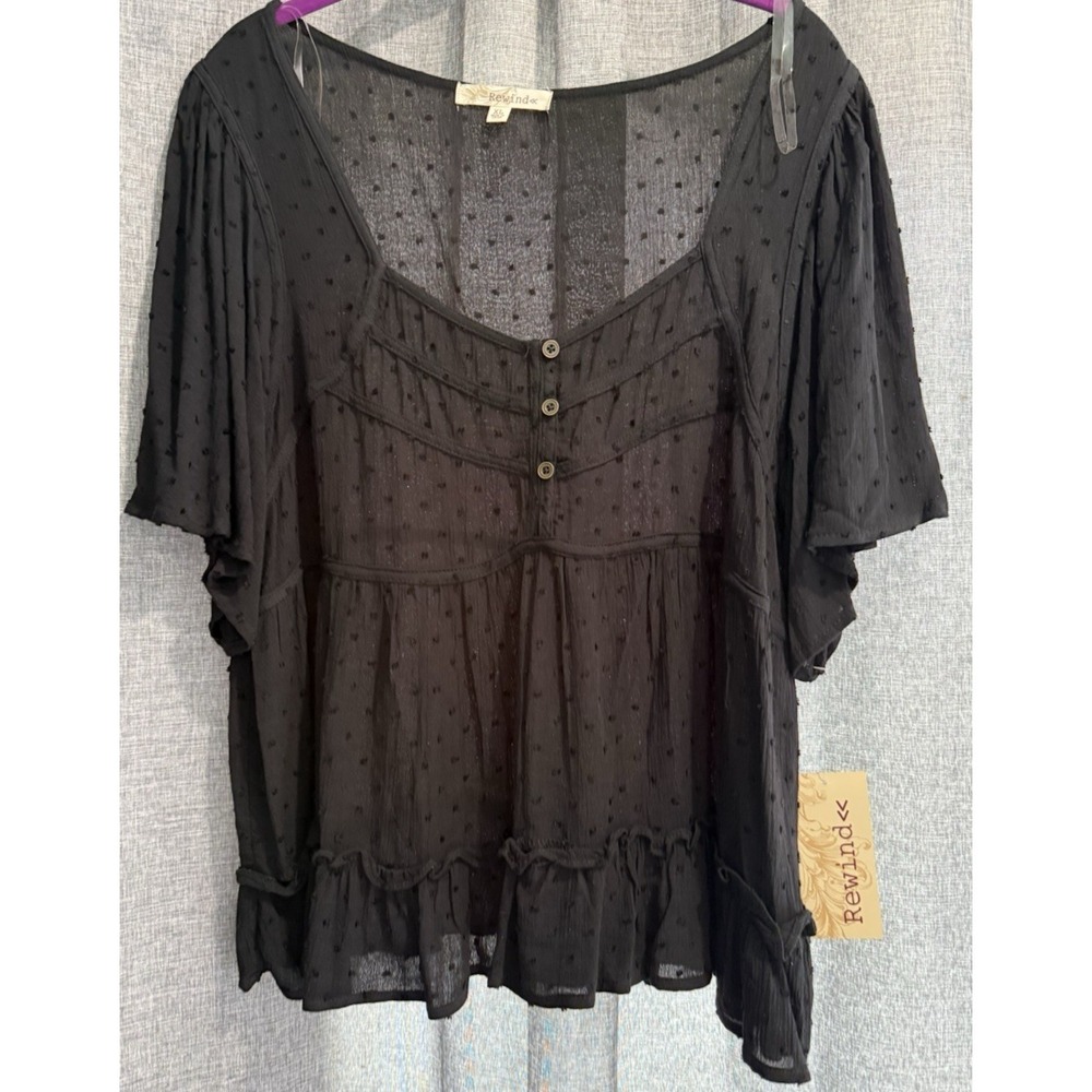 Rewind Jrs Babydoll Top Sz XL Black Textured Tiered Ruffle Short Sleeve Boho NWT